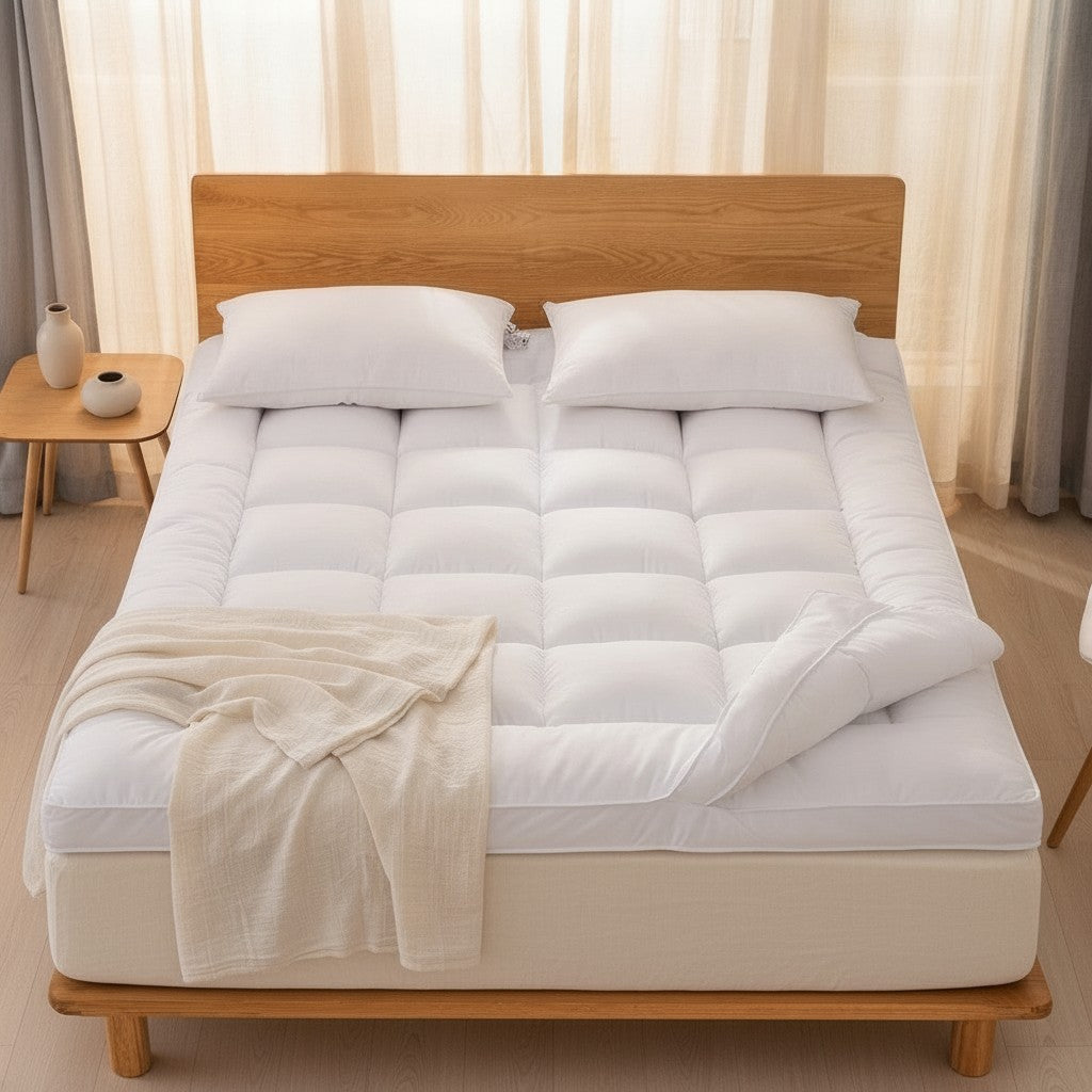 A quilted pillow-top mattress topper on an oak bed in a bright bedroom