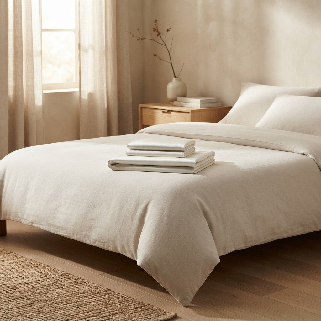 Brushed microfiber sheet set on a made queen bed
