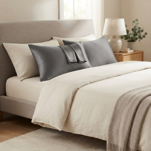 Dark grey satin pillowcases on a made bed