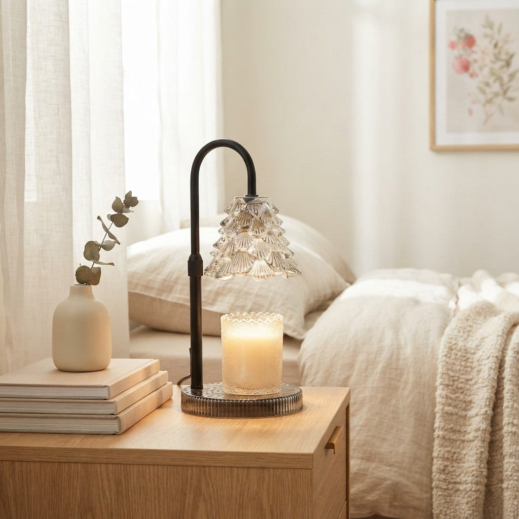 A glass candle warmer lamp on an oak nightstand beside a made bed